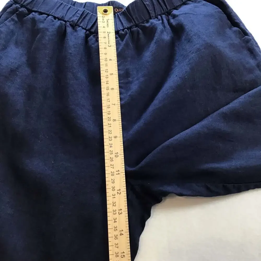 Quince European Linen Pull on Pants side pockets Sz Medium Navy Blue Chic